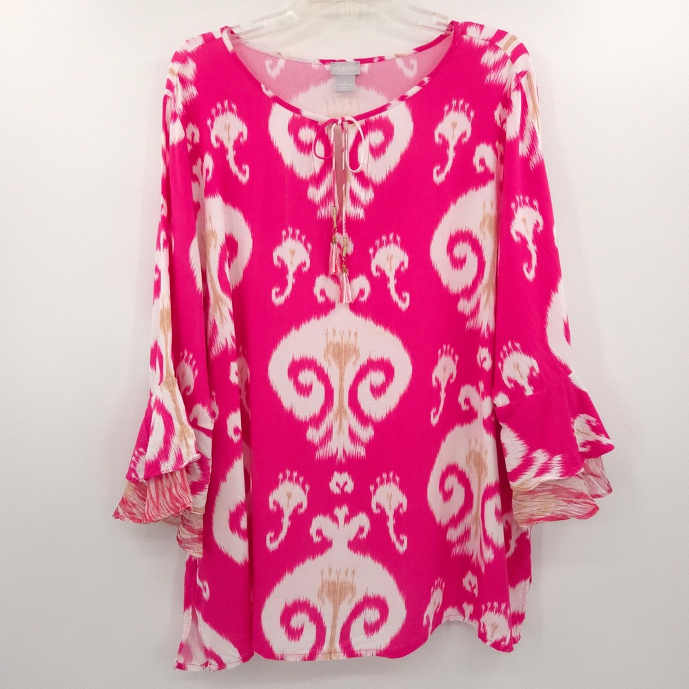 Chico's Blouse Women 4 (XXL) Pink Ikat Tassel Ruffle Sleeve Top Resort Beach